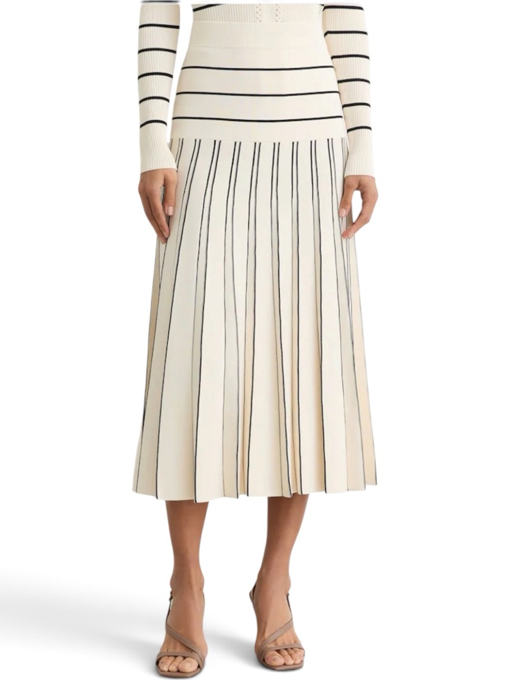 Reiss Alice Pleated Midi Skirt Ivory Black Stripes XL Knit Stretch Classic $248